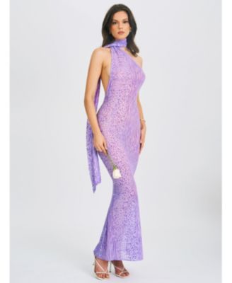 Women's Olena Purple Burnout Velvet Animal Print Mesh Halter Neck Maxi Dress