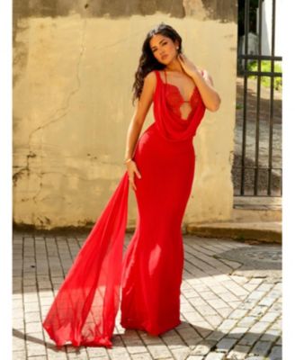 Women's Ulanda Red Chiffon Lace Backless Maxi Train Dress