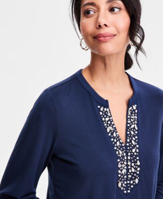 Women's Long-Sleeve Crepe Embellished-Neck Top