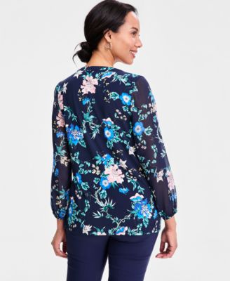 Women's Printed Chiffon-Sleeve Split-Neck Top