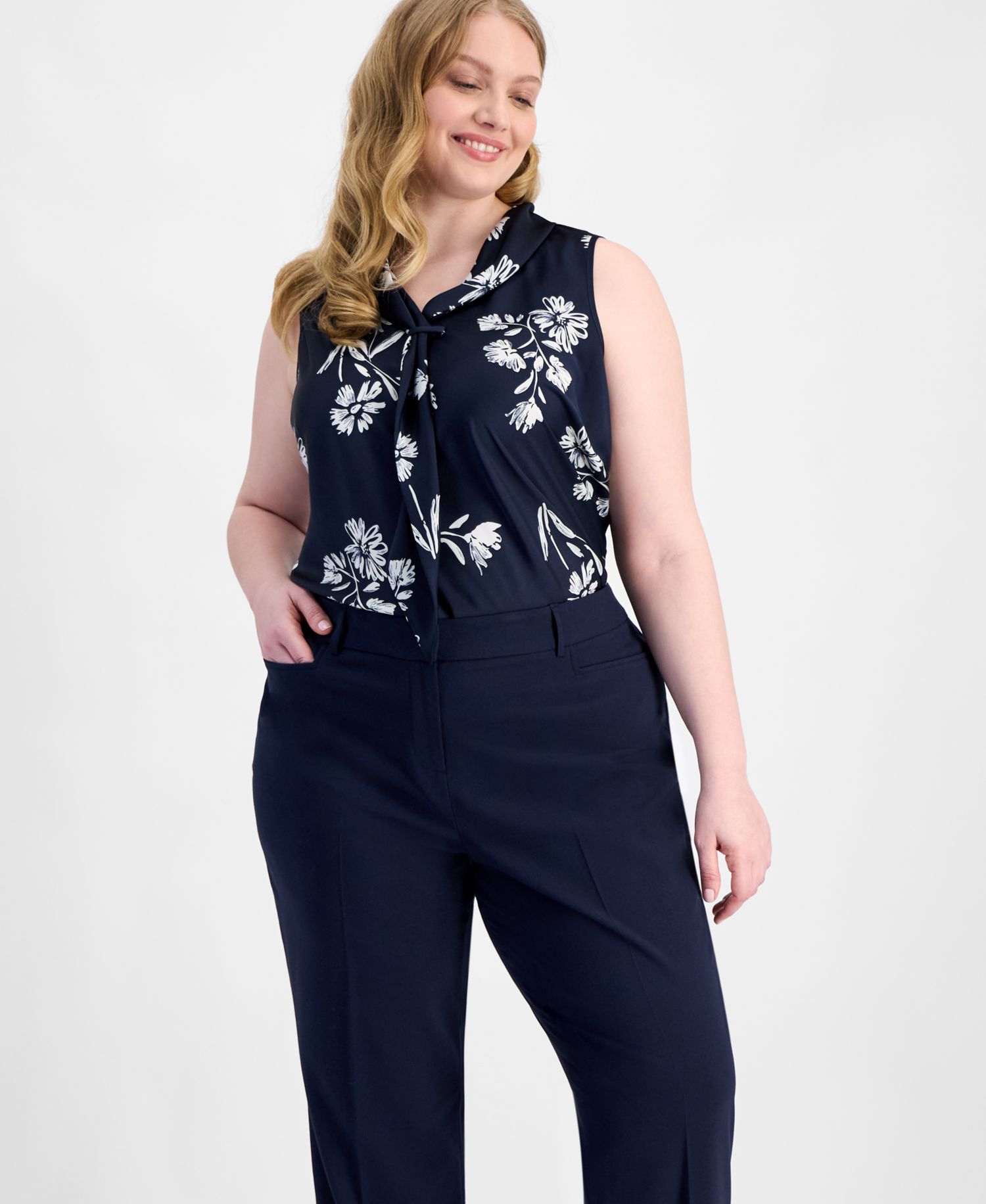 ASL Plus Size Bird Eye Press-Pleat Straight-Leg Pants