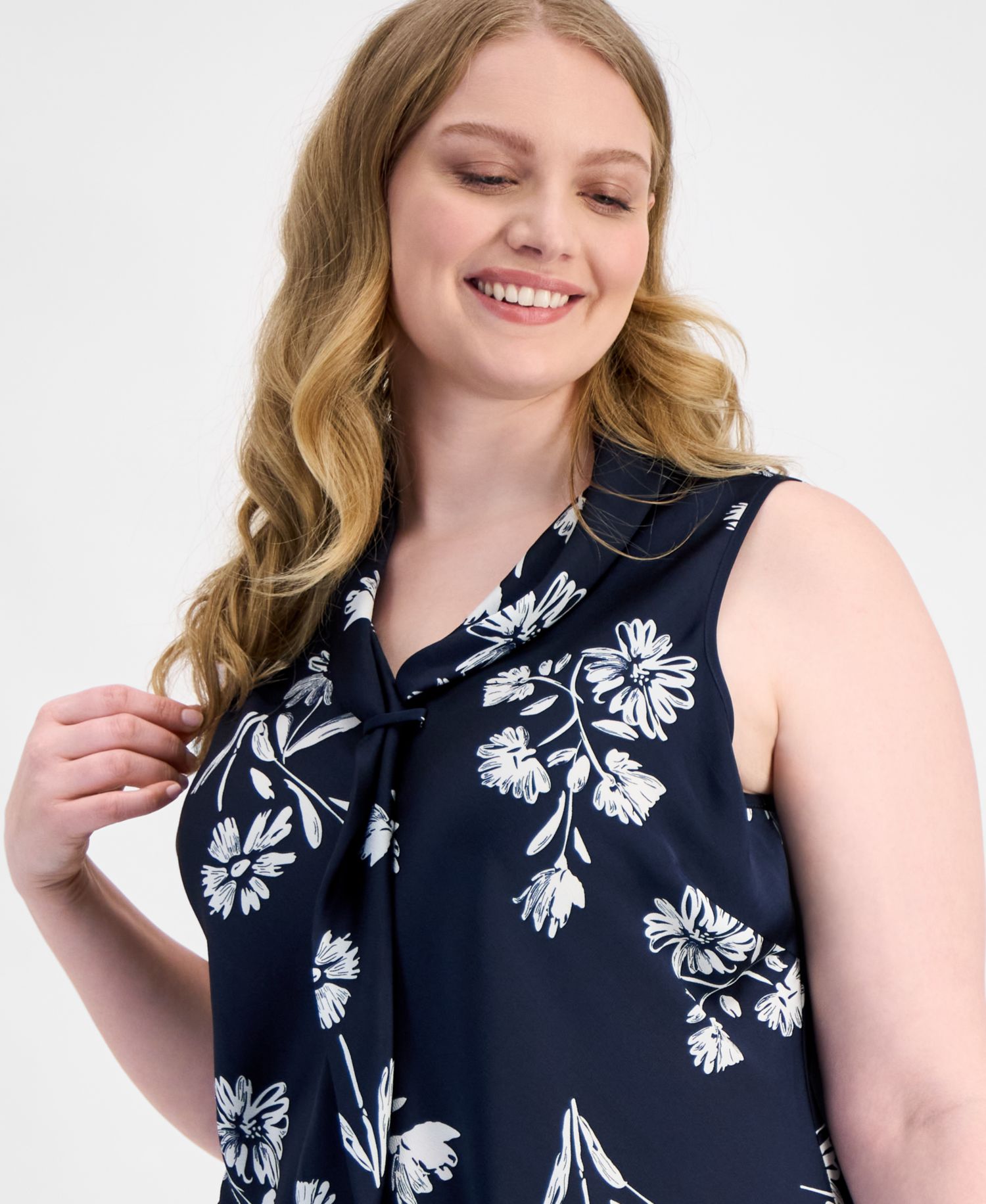 ASL Plus Size Sleeveless Sailor Tie-Neck Top