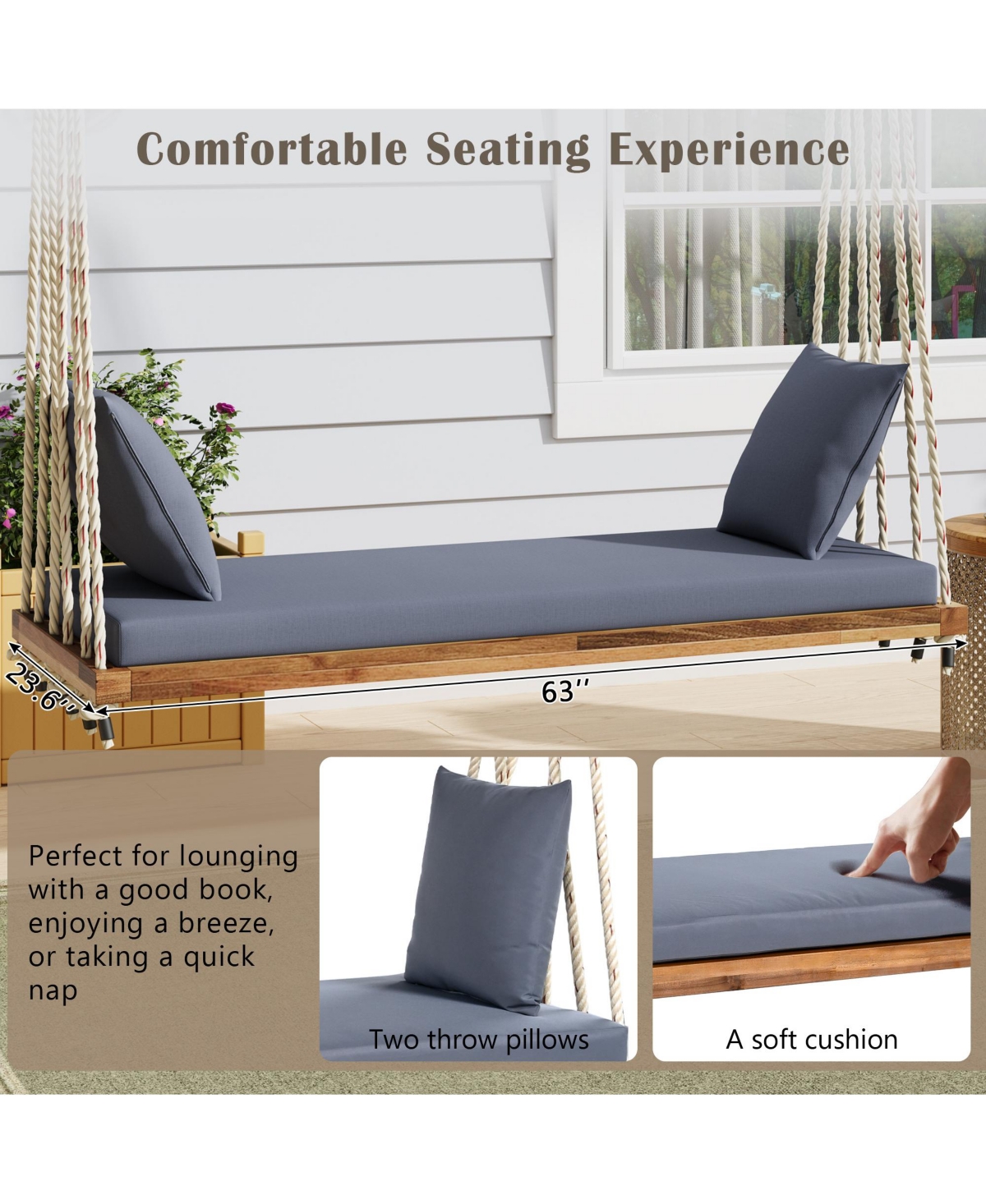 Flynama Patio Wooden Swing Chair, Hanging Porch Swing Bench with Cushion&Pillows, 10.8Ft Hemp Ropes for Garden,Backyard,Lawn