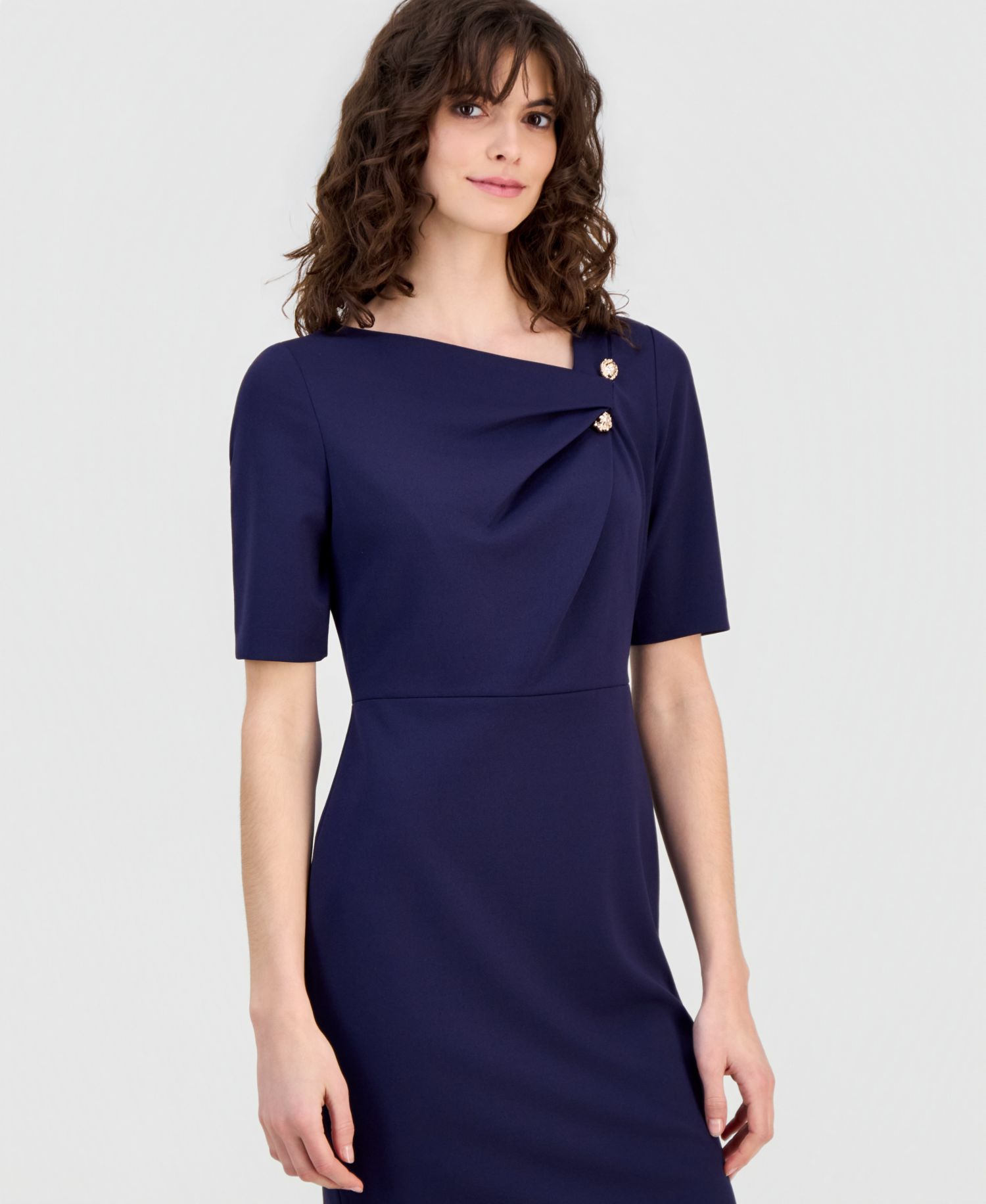 Women's Asymmetric-Neck Elbow-Sleeve Dress