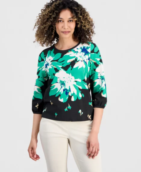 Petite Printed Puffed 3/4-Sleeve Top - Kelly Multi