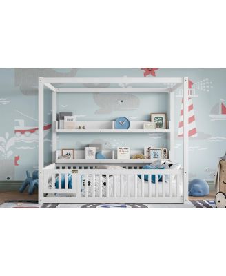  Full Size Canopy Bed with Guardrails & Shelves