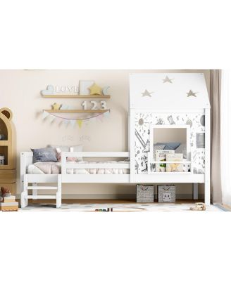 Twin House Bed with Stairs, Bookcase, Blackboard & Roof