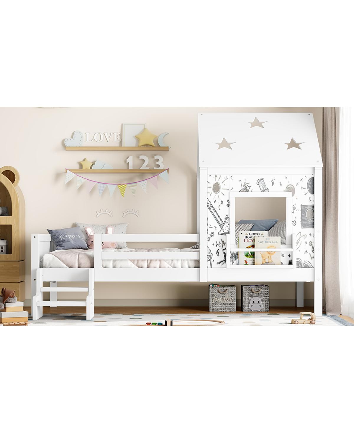 Streamdale Furniture Twin House Bed with Stairs, Bookcase, Blackboard & Roof