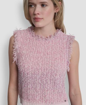 Women's Sleeveless Tweed Fringe Trimmed Sweater