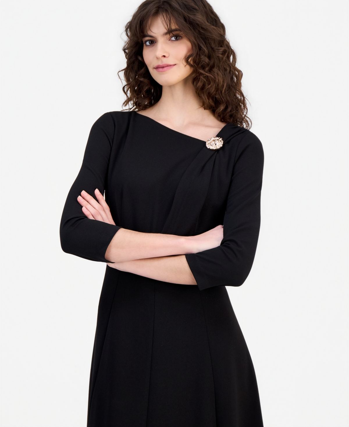 Anne Klein Women's Asymmetric-Neck 3/4-Sleeve Midi Dress