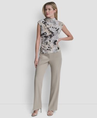 Women's Newspaper-Print Mock Neck Knit Mesh Top