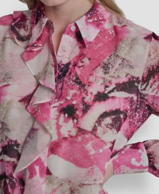 Women's Collared Long-Sleeve Ruffle Detail Shirt