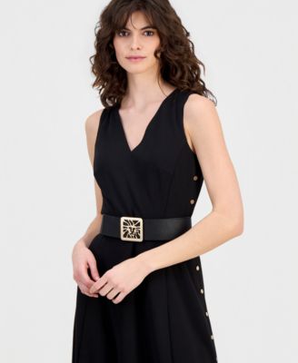 Women's Side-Button Belted Midi Dress