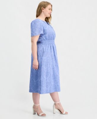 Plus Size Embroidered-Eyelet Short-Sleeve Midi Dress