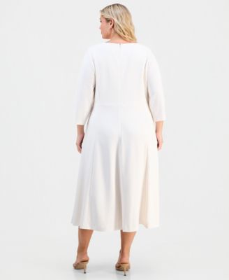 Plus Size Asymmetric-Neck 3/4-Sleeve Midi Dress