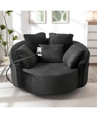 Swivel Corduroy Accent Barrel Chair with 5 Pillows & Phone Holder, Black