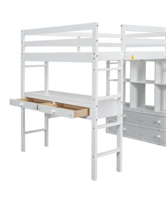 Streamdale Full Size Loft Bed with Desk, Drawers & Shelves, White