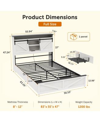Farmhouse Full Bed Frame w/ Storage Headboard, Drawers, Charging & LED Lights