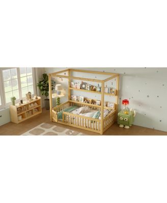 Twin Size Solid Wood Montessori Floor Bed Frame with Guardrails & Shelves