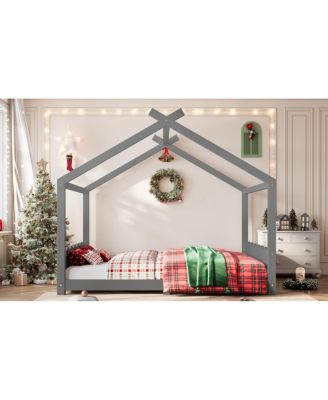 Queen House Floor Bed with Slats, Solid Wood Frame for Kids