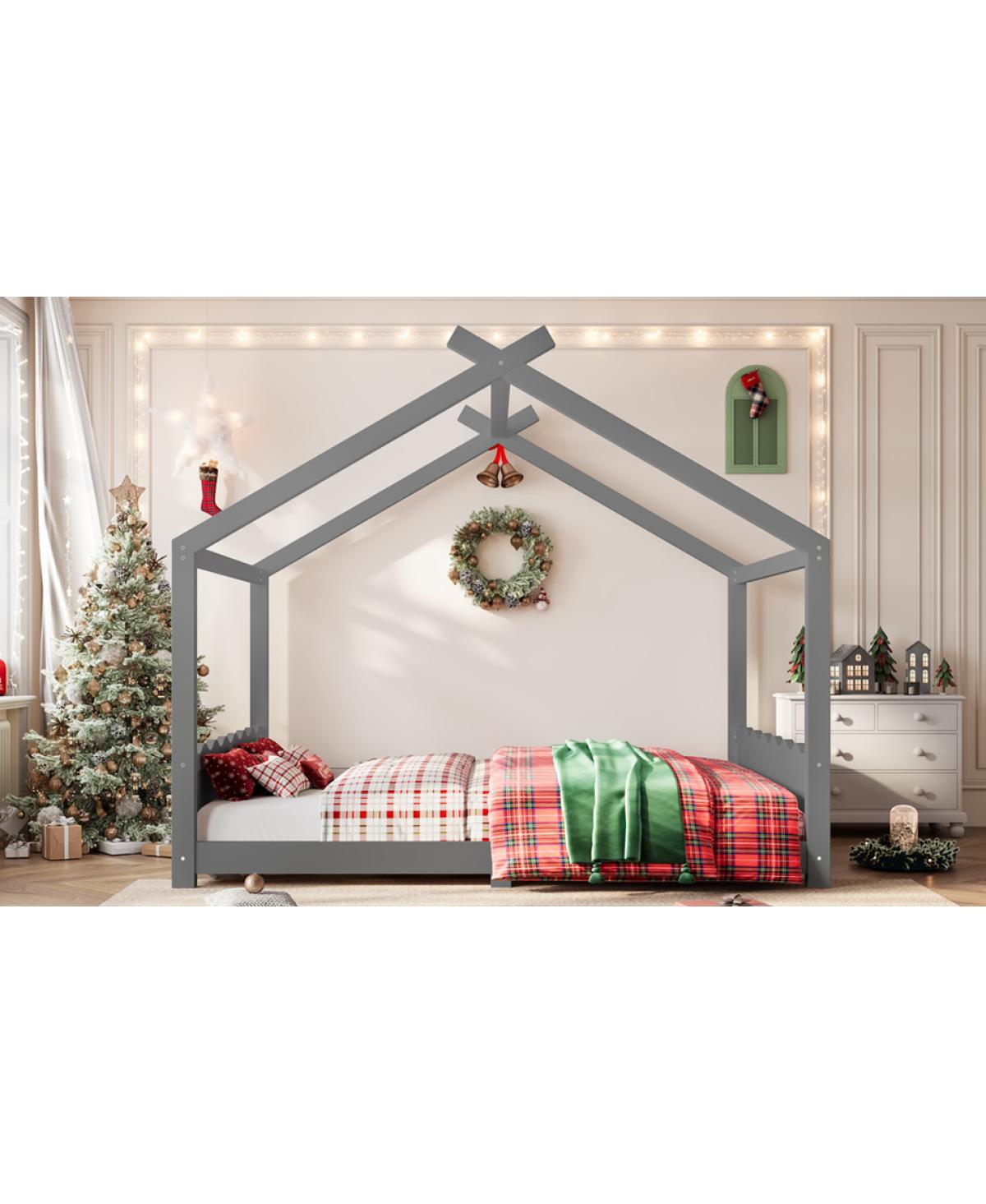 Streamdale Furniture Queen House Floor Bed with Slats, Solid Wood Frame for Kids