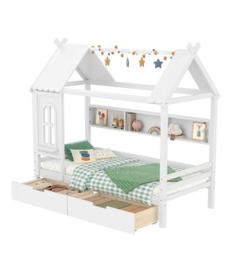 Streamdale Twin House Bed with Storage Drawers and Window, Solid Wood