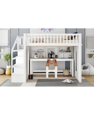 Full Size Loft Bed with Desk and Storage Stairs