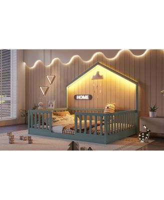 Full Floor Bed with High Rails, Montessori Bed with Light for Kids