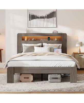 Streamdale Wood Platform Bed Frame Full Size with Storage, LED, USB.