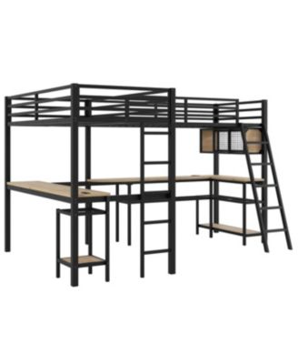 Metal L-Shaped Loft Bed with LED, Storage, 2 Desks & Charging Stations