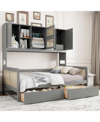  Full Size Wooden Daybed With 2 Drawers, and All-in-One Cabinet and Shelf, Gray