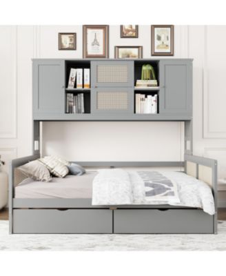  Full Size Wooden Daybed With 2 Drawers, and All-in-One Cabinet and Shelf, Gray