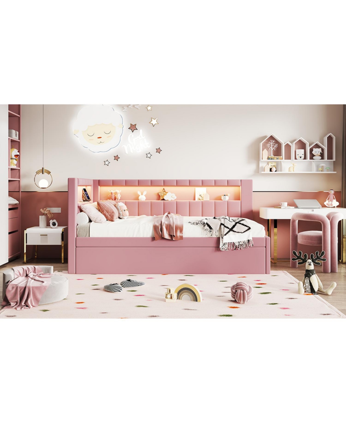 Streamdale Furniture Twin Platform Bed with Usb & Led Trundle