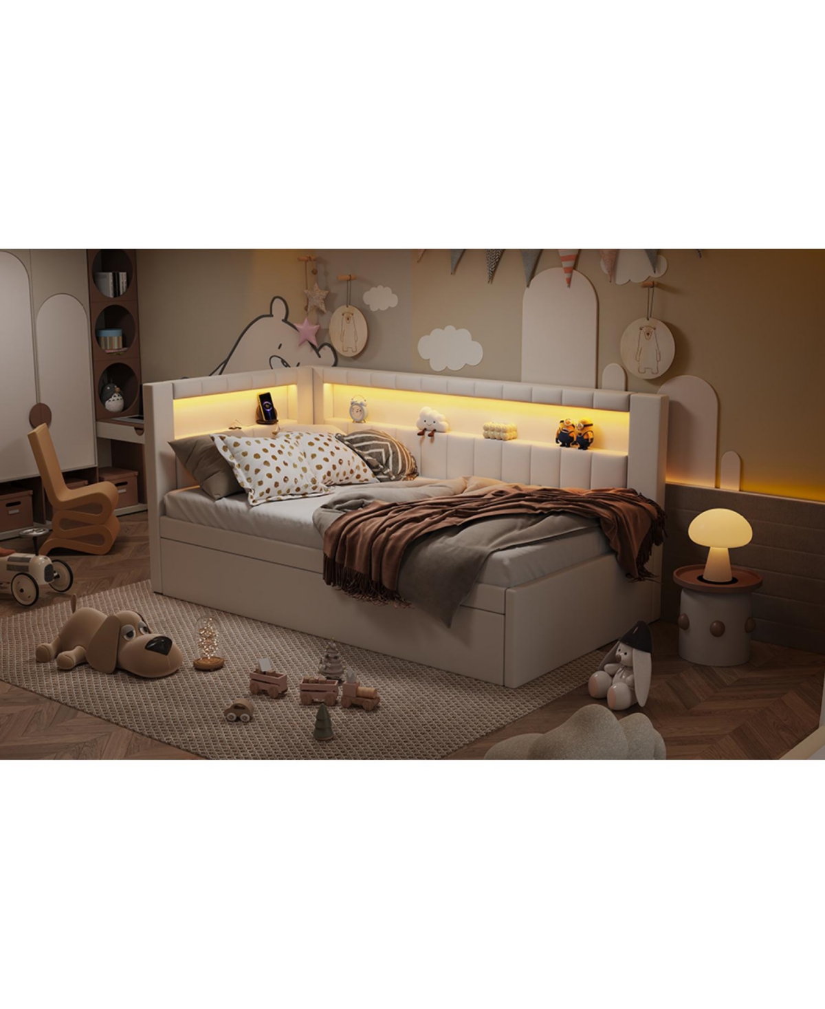 Streamdale Furniture Twin Platform Bed with Usb & Led Trundle