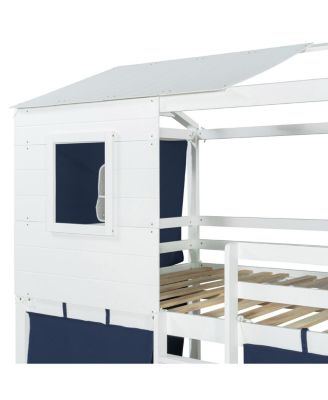 Full Size Bunk Wood House Bed with Tent