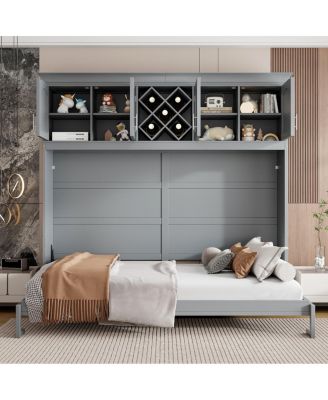 Queen Size Murphy Bed Wall Bed with Top Cabinets & Wine Rack