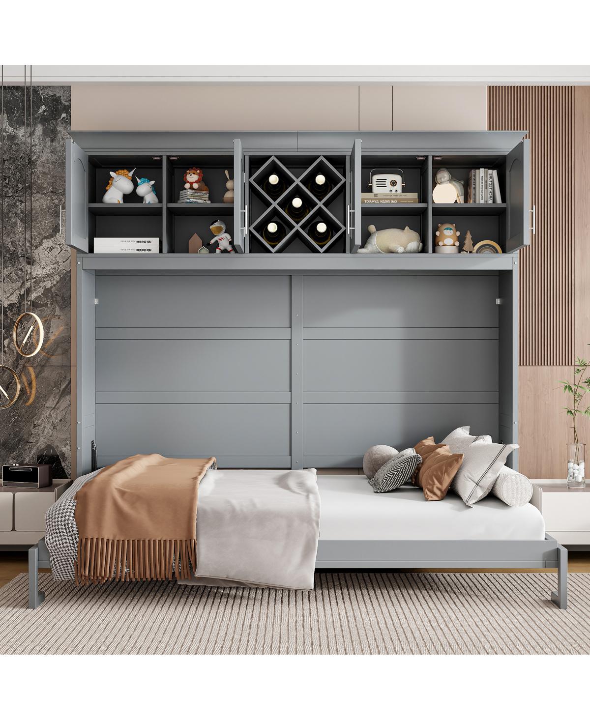 Streamdale Furniture Queen Size Murphy Bed Wall Bed with Top Cabinets & Wine Rack