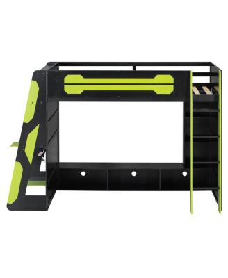 Wood Loft Bed with Desk, Multi-storage Shelves and RGB Light