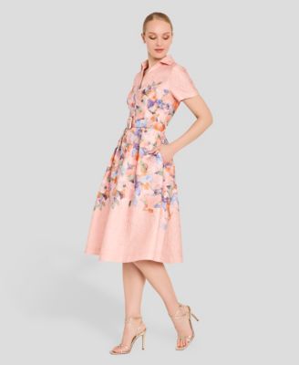 Women's Short-Sleeve Floral Belted Midi Dress