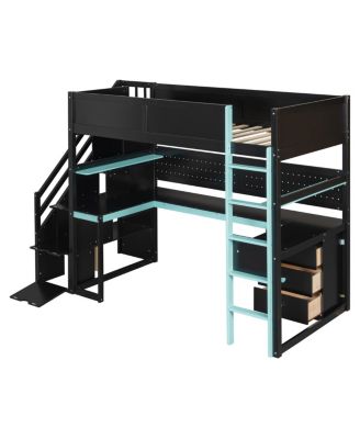 Twin Gaming Loft Bed with Storage Stairs, Desk, Shelves & Pegboard