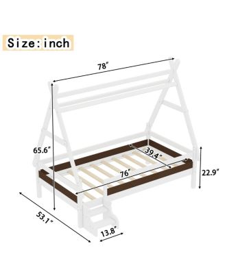  Twin House Platform Bed with Stairs, Solid Wood