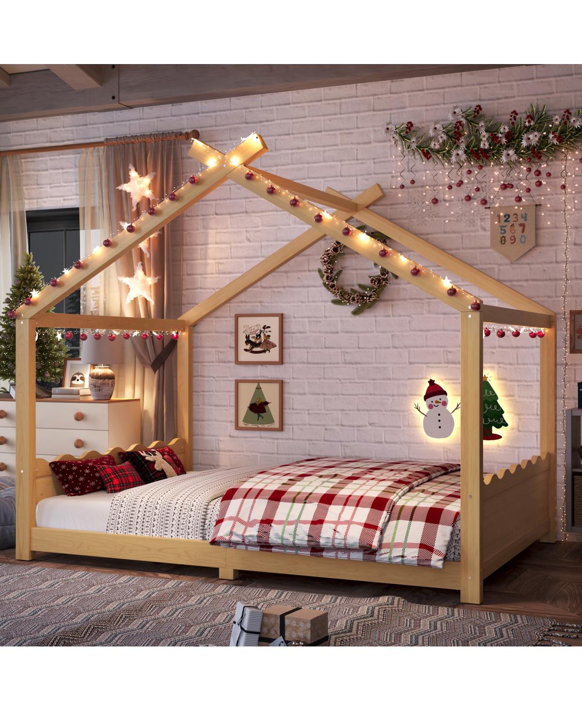 Streamdale Furniture Full House Floor Bed with Support Slats, Solid Wood House Bed Frame for Kids