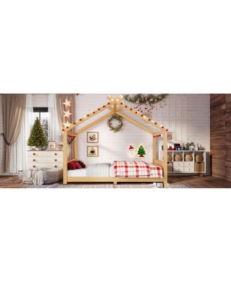 Full House Floor Bed with Support Slats, Solid Wood House Bed Frame for Kids
