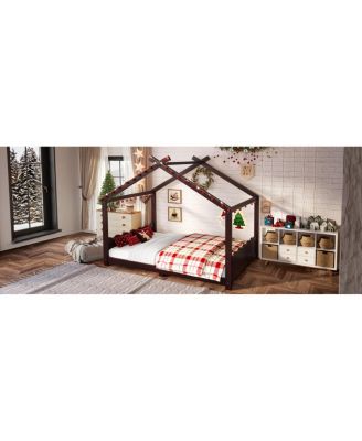  Full House Floor Bed with Support Slats, Solid Wood House Bed Frame for Kids, Espresso
