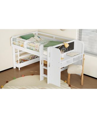 Twin Loft Bed with Storage, Desk & Blackboard, White