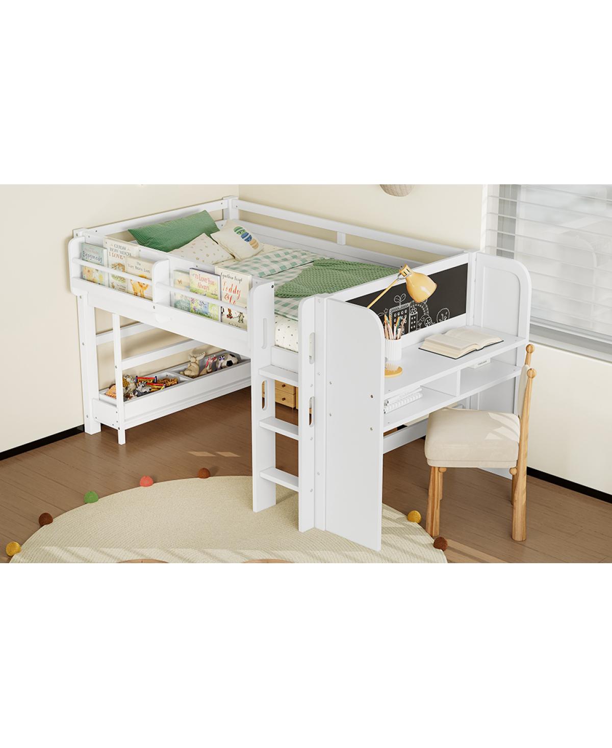 Streamdale Furniture Twin Loft Bed with Storage, Desk & Blackboard, White