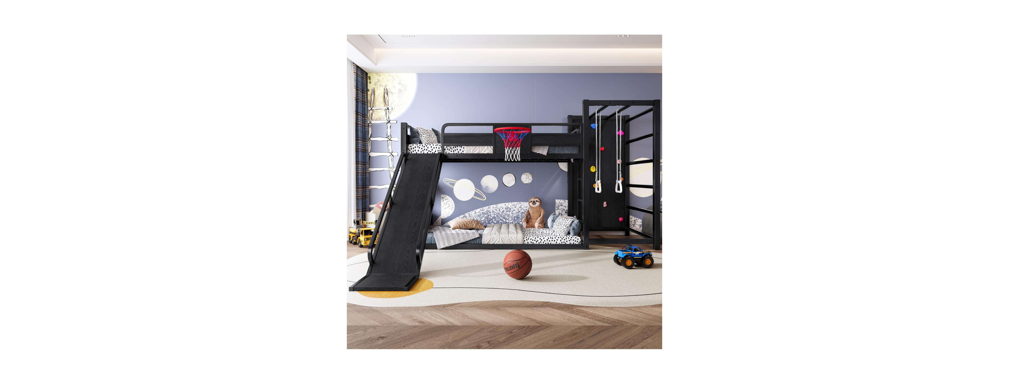 Streamdale Furniture metal loft bed with basketball hoop, rings, climbing wall, slide, bookshelves