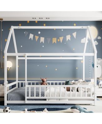  Full Size Floor Wooden Bed with House Roof Frame, Fence Guardrails, White