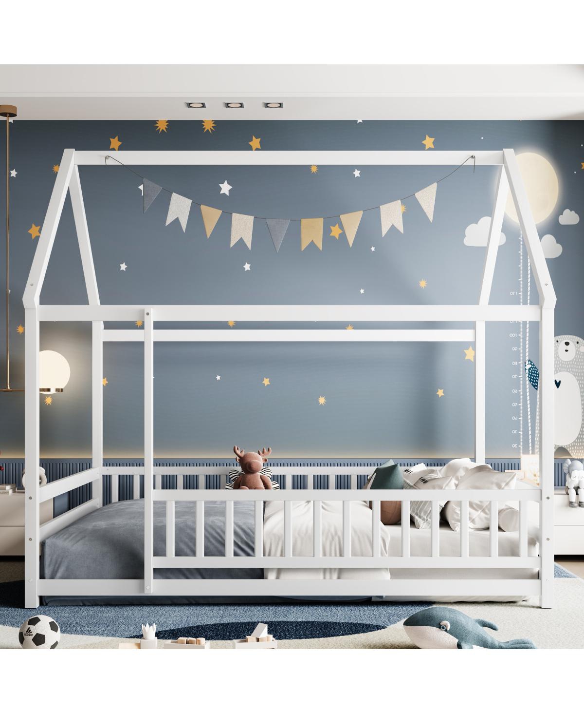 Streamdale Furniture Full Size Floor Wooden Bed with House Roof Frame, Fence Guardrails, White