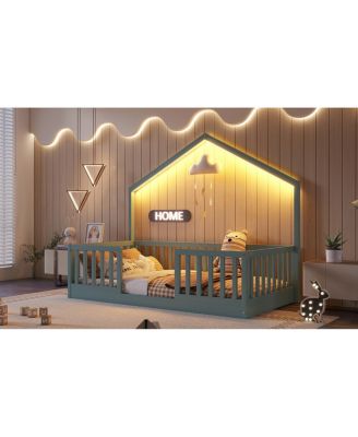  Twin Floor Bed with High Rails, Montessori Wooden Bed with Light, Gray